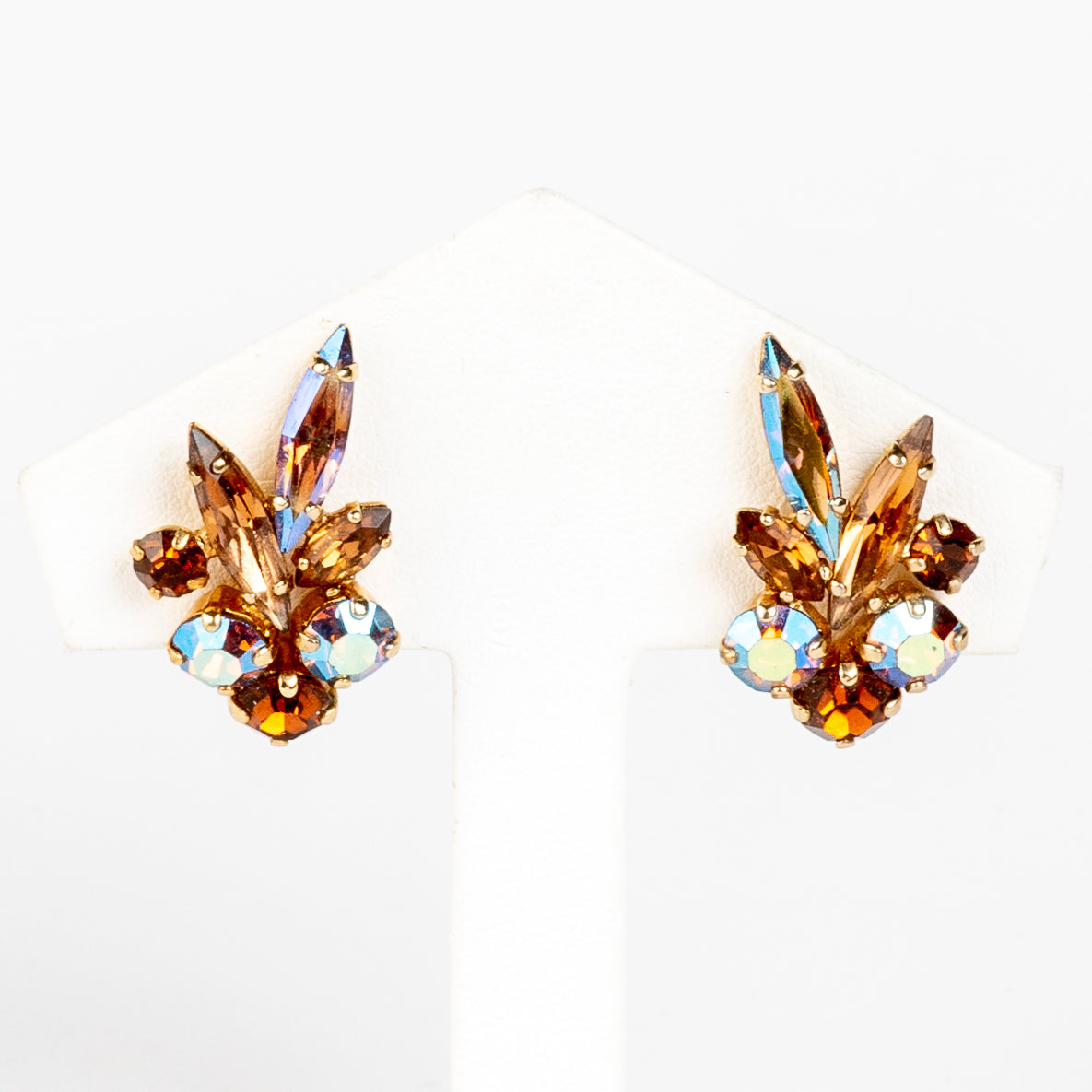SIGNED SHERMAN AURORA BOREALIS SWAROVSKI CRYSTAL RHINESTONE CLIP BACK EARRINGS