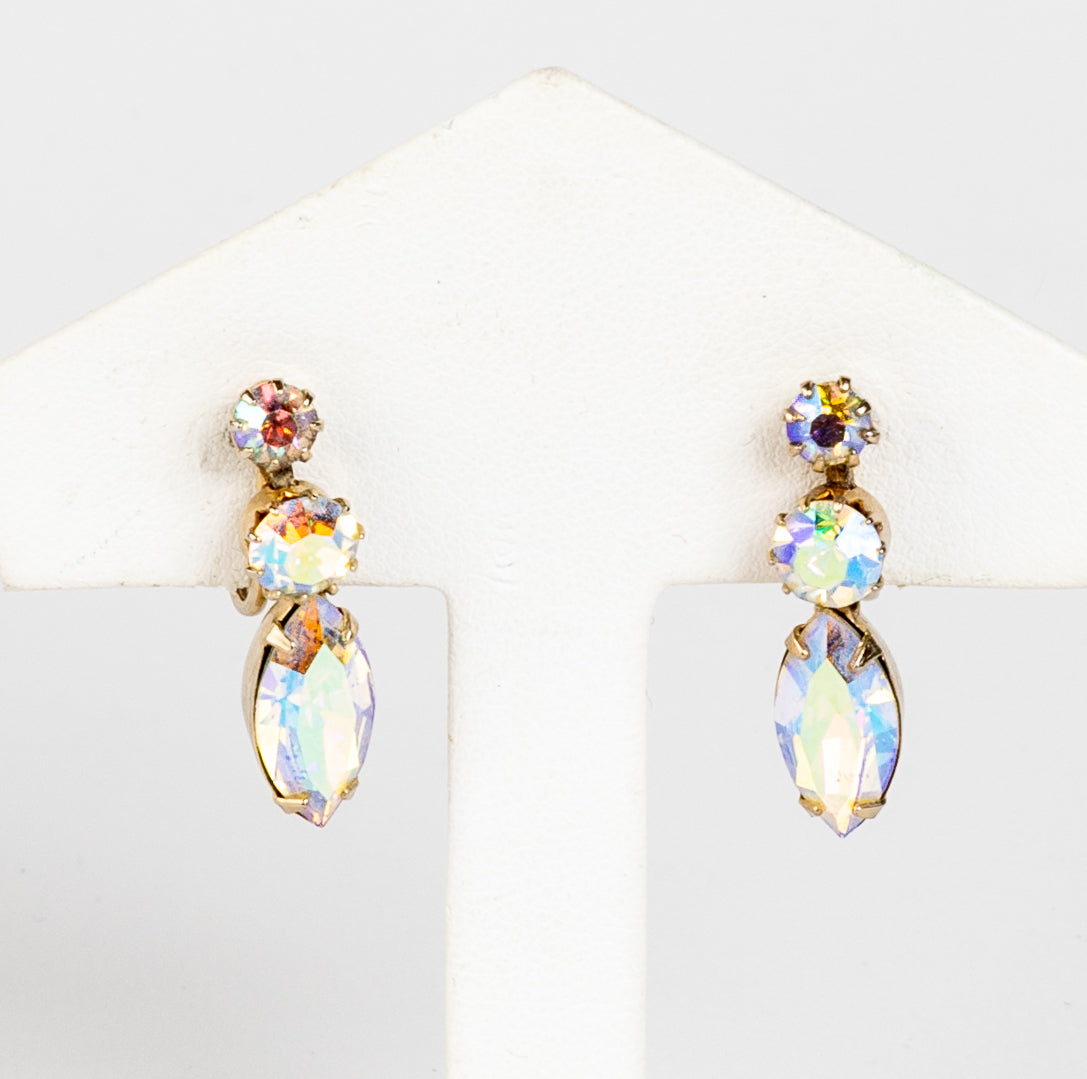 SIGNED SHERMAN AURORA BOREALIS SWAROVSKI CRYSTAL RHINESTONE TEAR DROP SCREW BACK EARRINGS