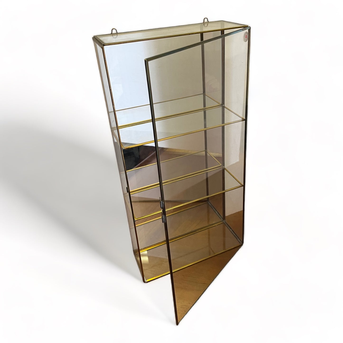 VINTAGE GLASS & BRASS RECTANGLE CURIO CABINET- WALL MOUNTED