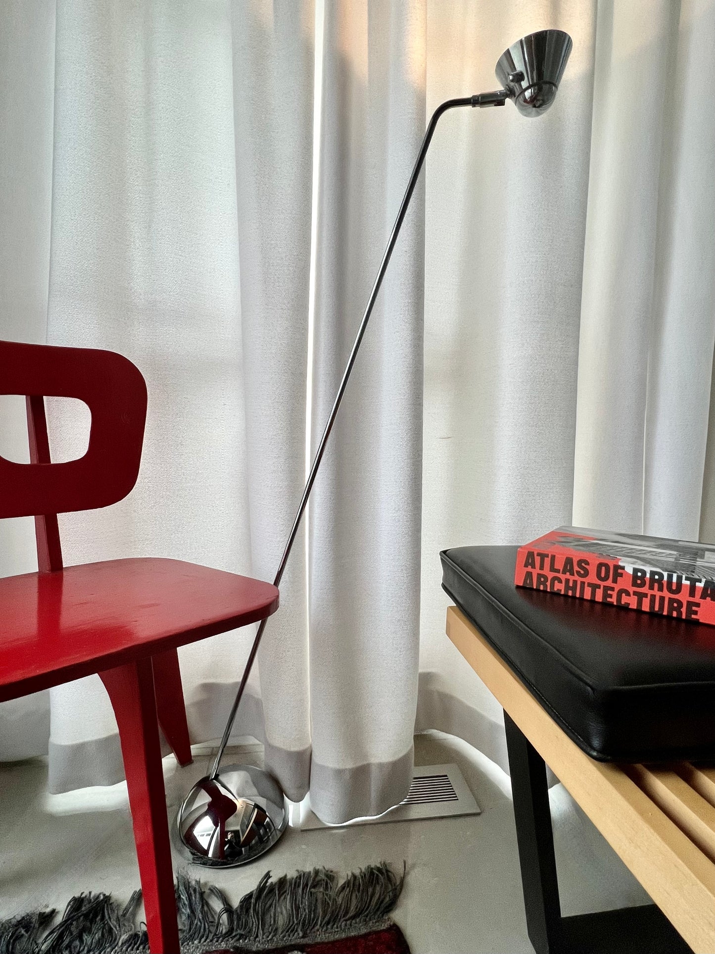 POSTMODERN DESIGNER CHROME ADJUSTABLE & DIRECT-ABLE READING/DIMMABLE/ FLOOR LAMP with a SMALL FOOTPRINT