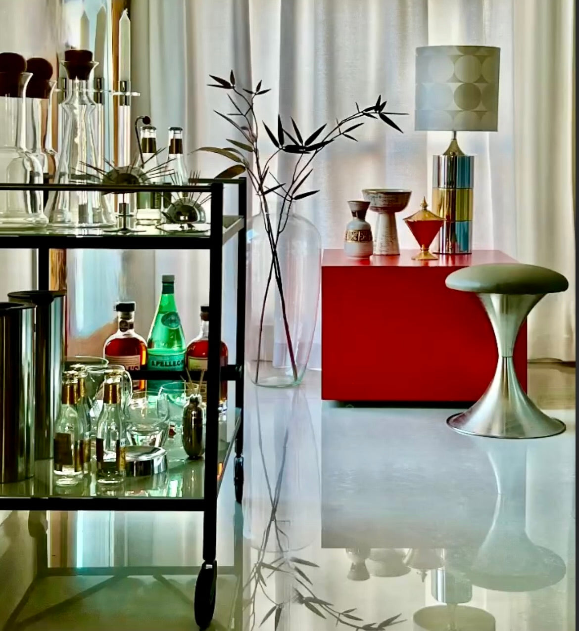 ELEGANT GLAM CHROME & BRASS MCM STYLE TABLE LAMP & GRAPHIC BROCADE SHADE