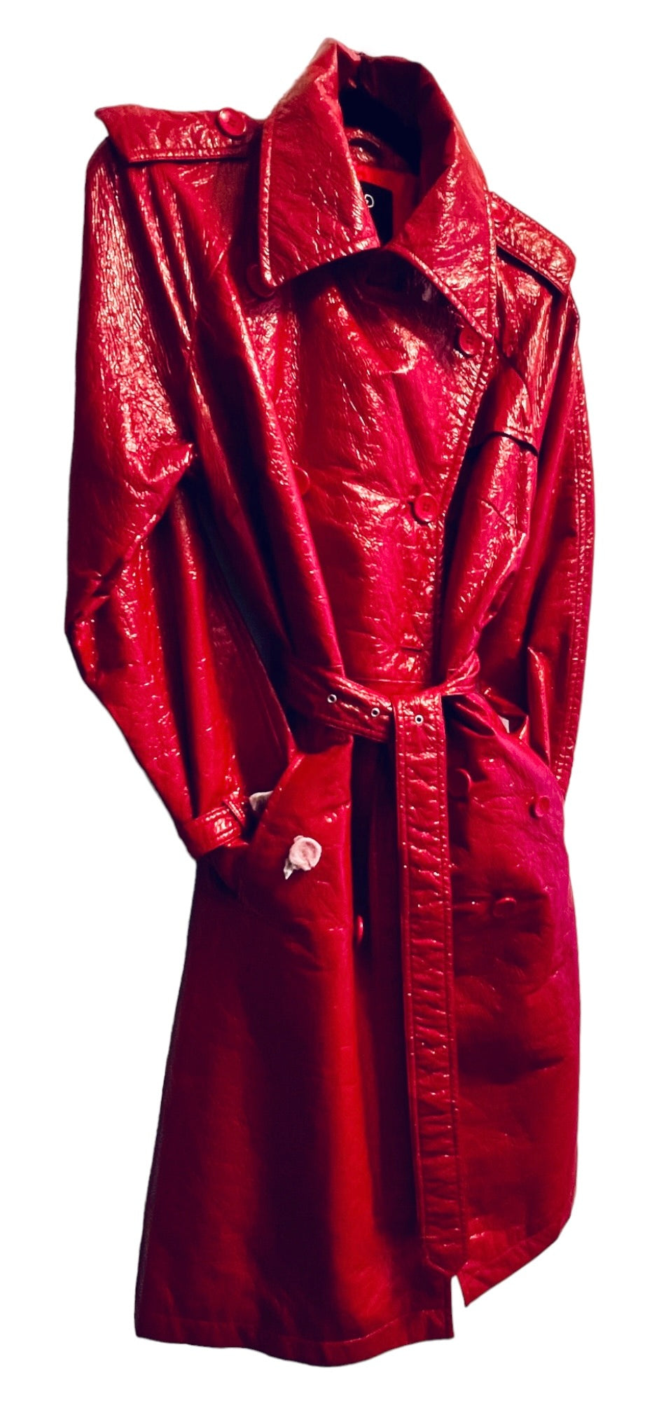 FUN & FLATTERING RED 'WET LOOK' RAINCOAT TRENCH BELTED & DOUBLE BREASTED