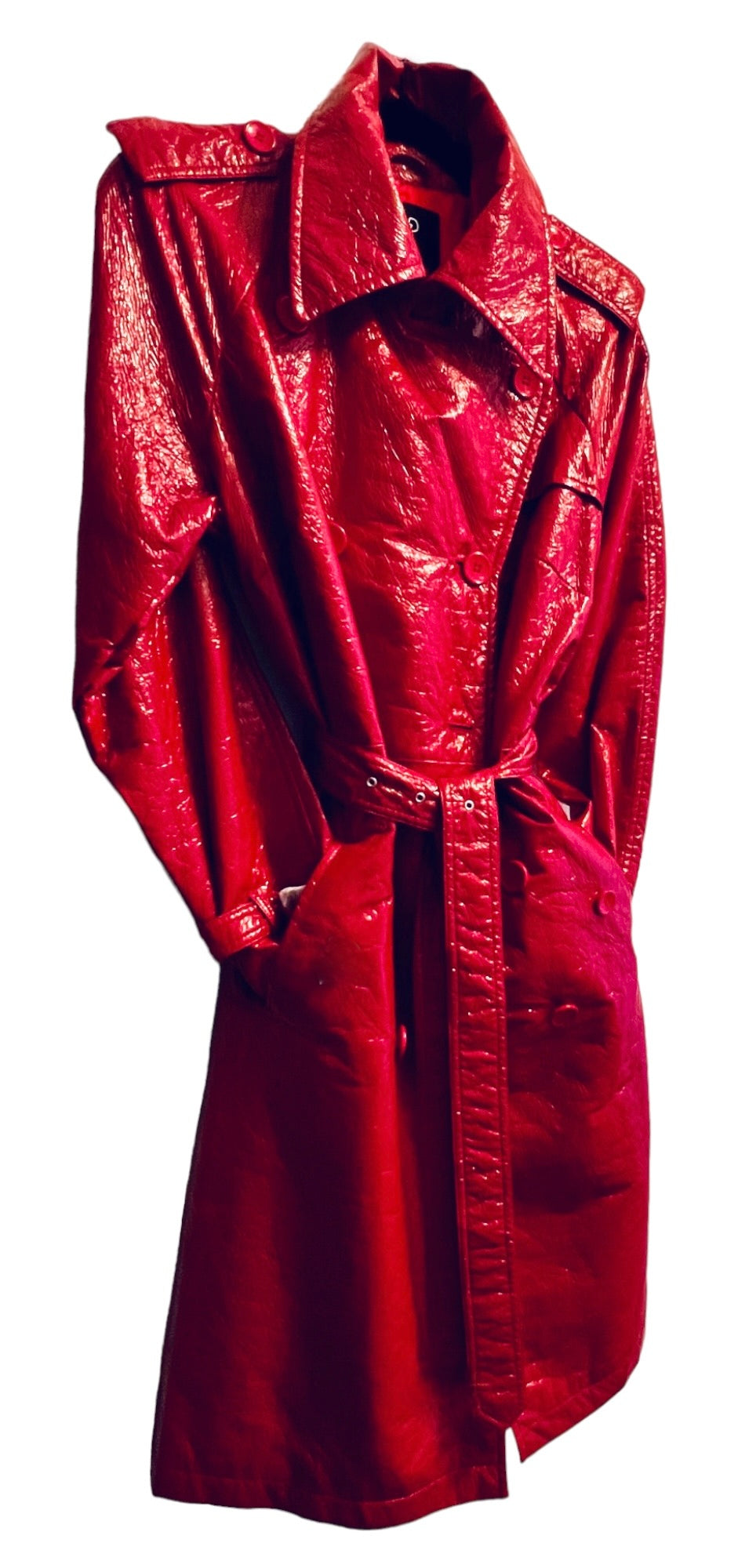 FUN & FLATTERING RED 'WET LOOK' RAINCOAT TRENCH BELTED & DOUBLE BREASTED