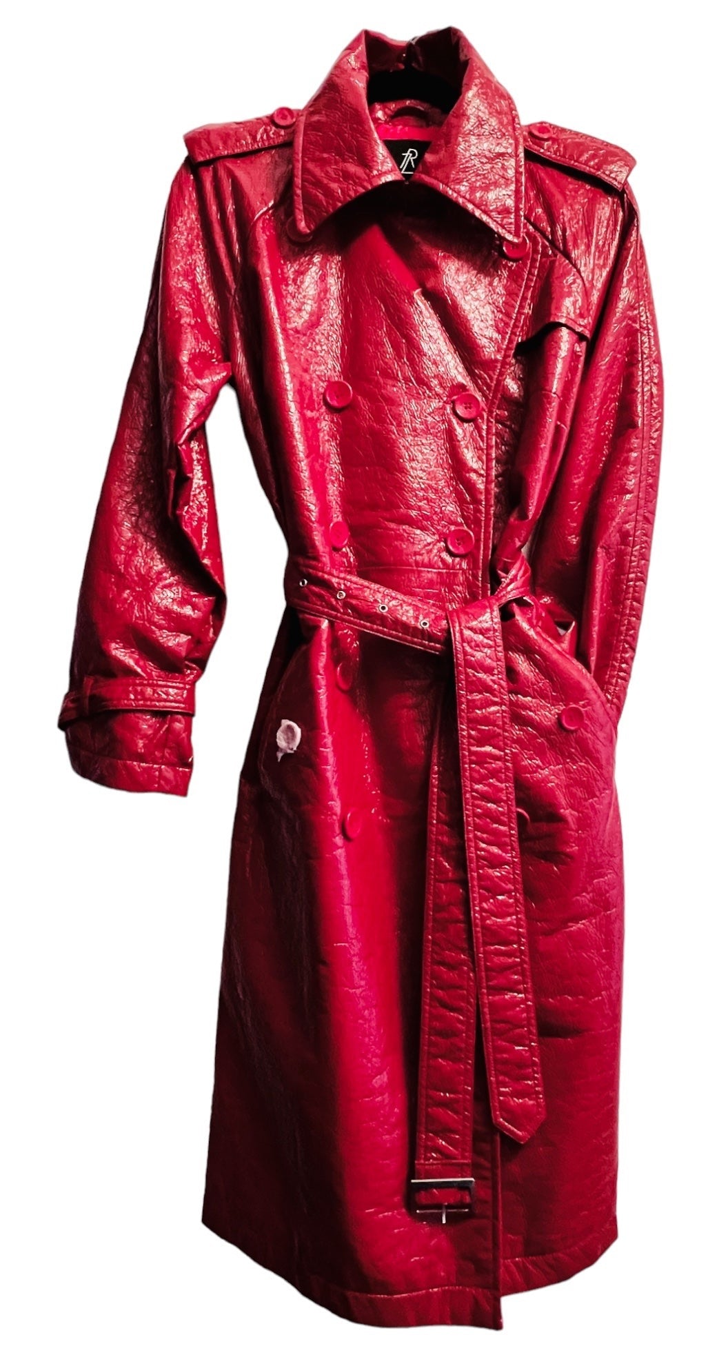 FUN & FLATTERING RED 'WET LOOK' RAINCOAT TRENCH BELTED & DOUBLE BREASTED