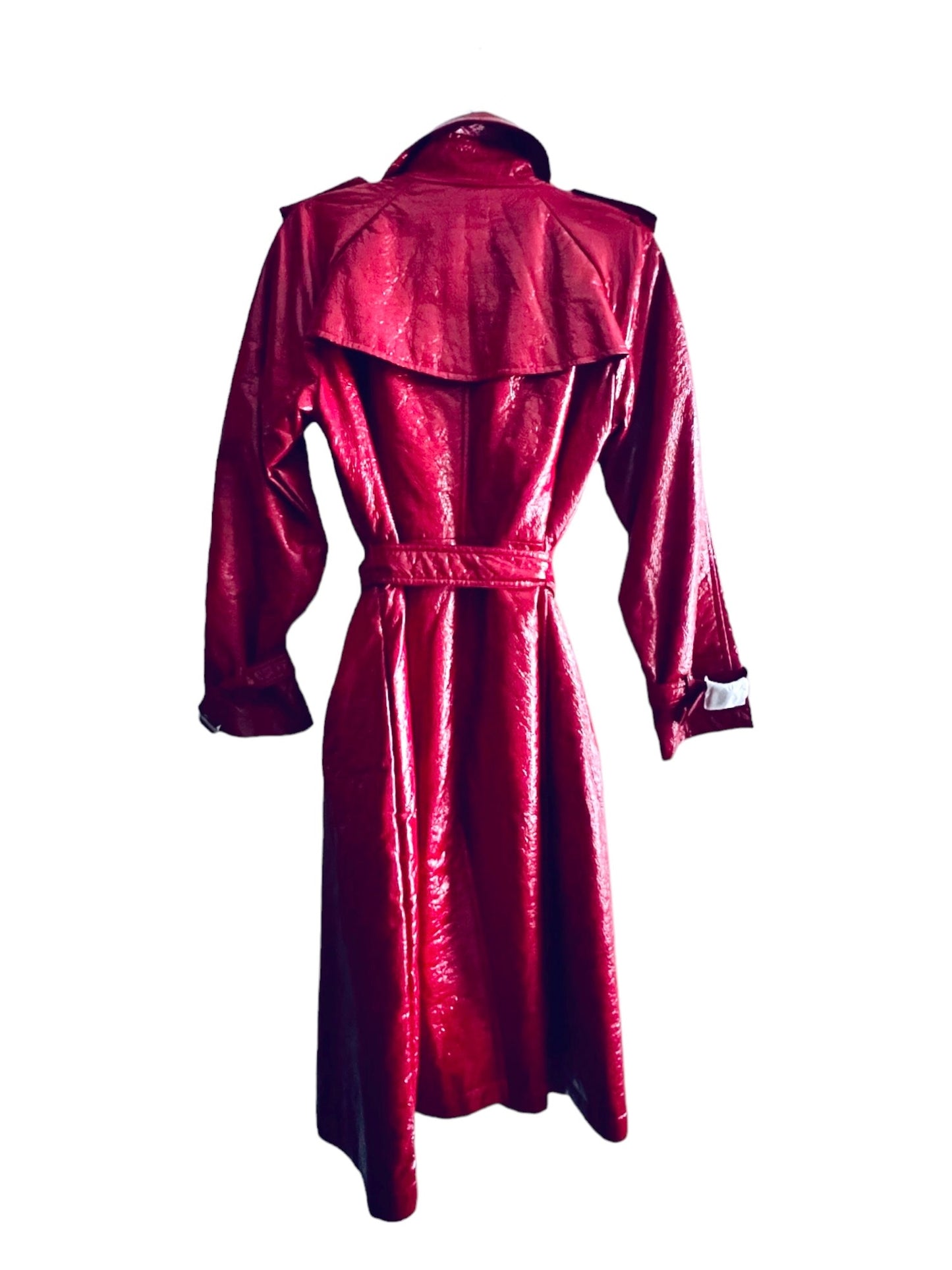 FUN & FLATTERING RED 'WET LOOK' RAINCOAT TRENCH BELTED & DOUBLE BREASTED
