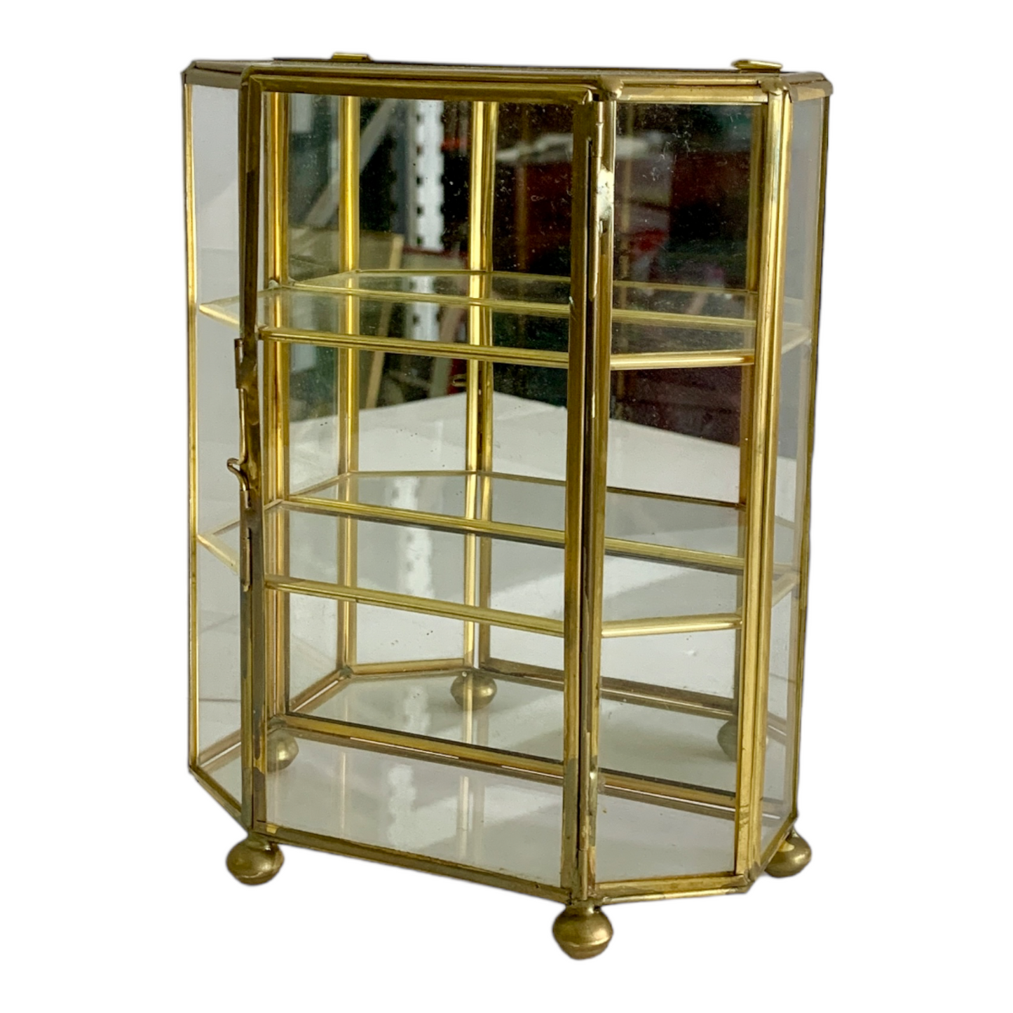 VINTAGE BRASS & GLASS CURIO CABINET w/ ANGLED FRONT- WALL MOUNT or TABLE TOP