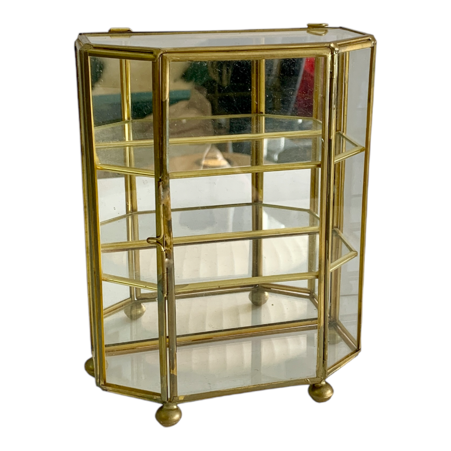 VINTAGE BRASS & GLASS CURIO CABINET w/ ANGLED FRONT- WALL MOUNT or TABLE TOP