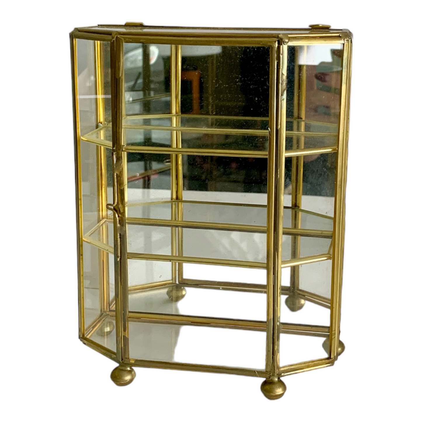 VINTAGE BRASS & GLASS CURIO CABINET w/ ANGLED FRONT- WALL MOUNT or TABLE TOP