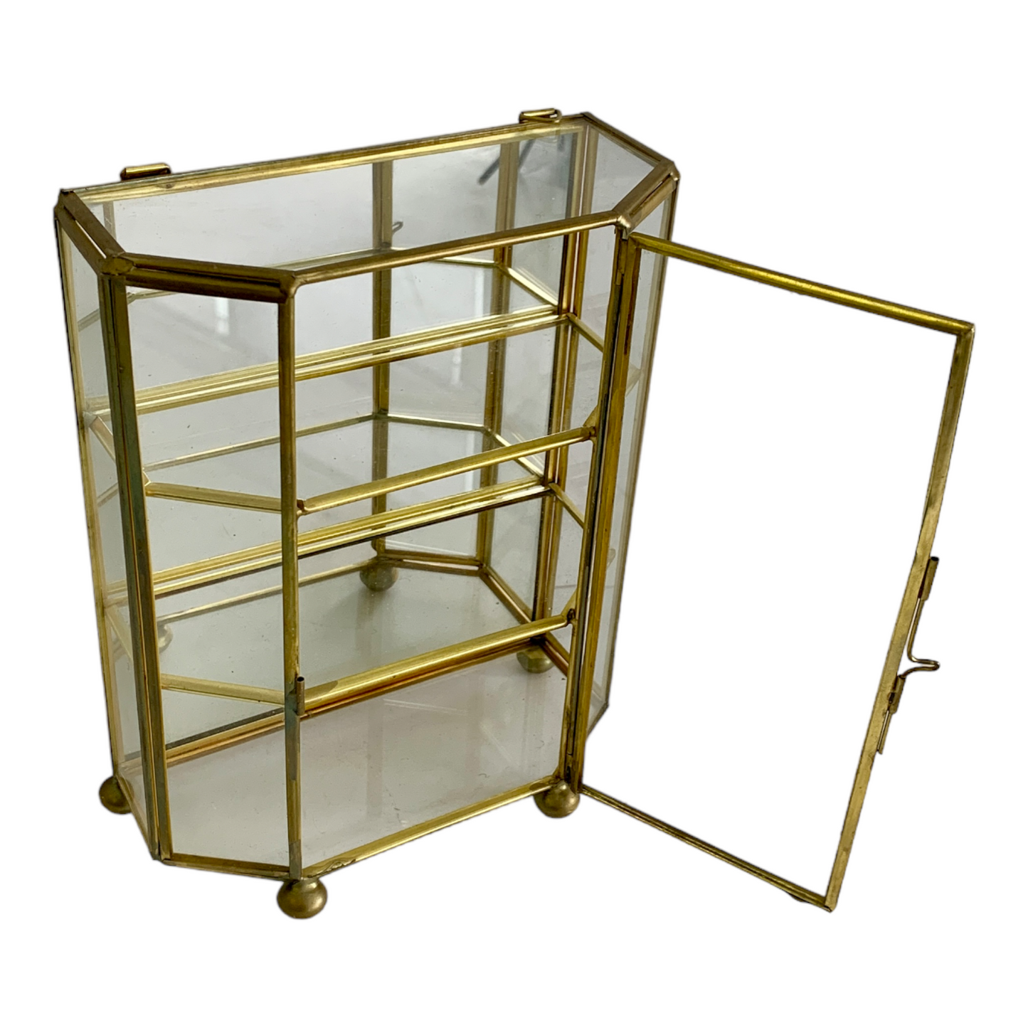 VINTAGE BRASS & GLASS CURIO CABINET w/ ANGLED FRONT- WALL MOUNT or TABLE TOP