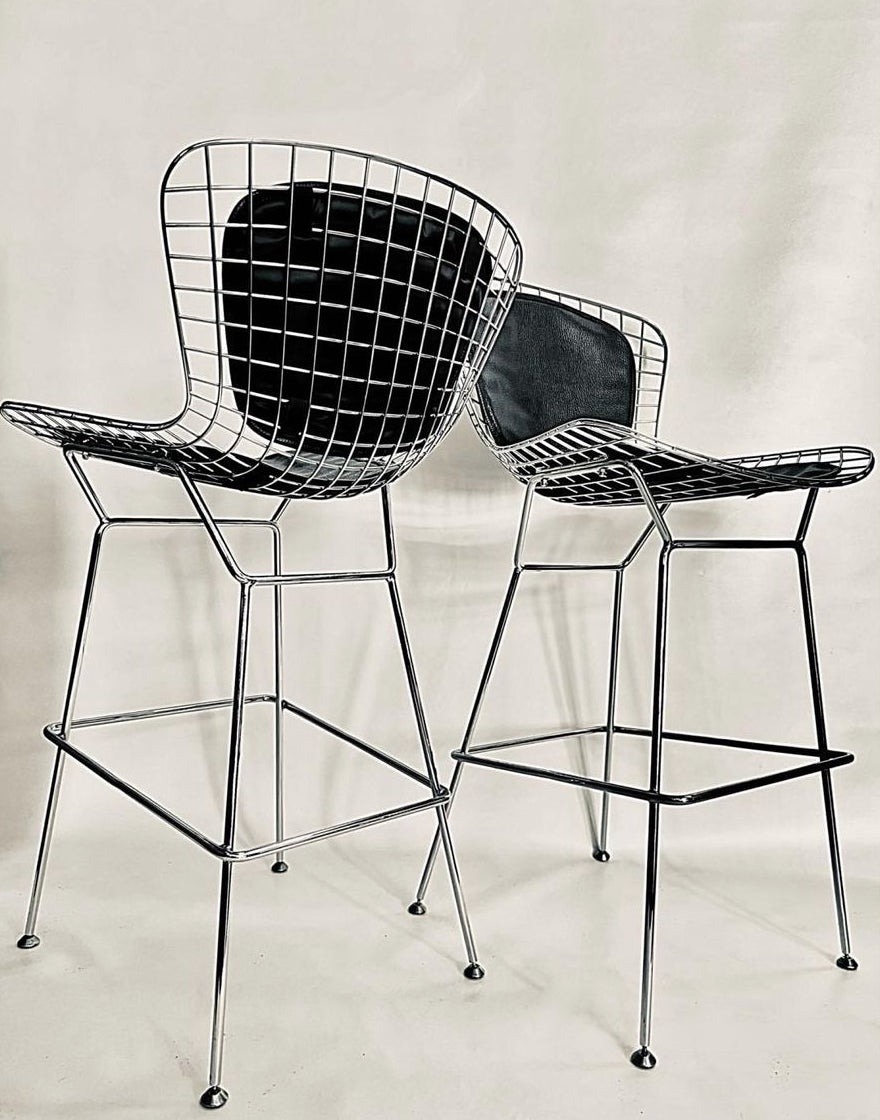 PAIR BERTOIA STYLE CHROMED WIRE BAR STOOLS with BLACK BIKINI CUSHIONS
