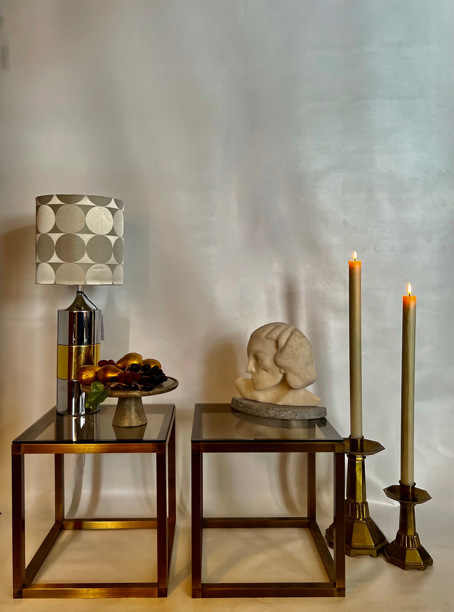 COOL POST MODERN BRONZE BRASS CUBE SIDE TABLE w/ SMOKY TEMPERED GLASS SHELVES