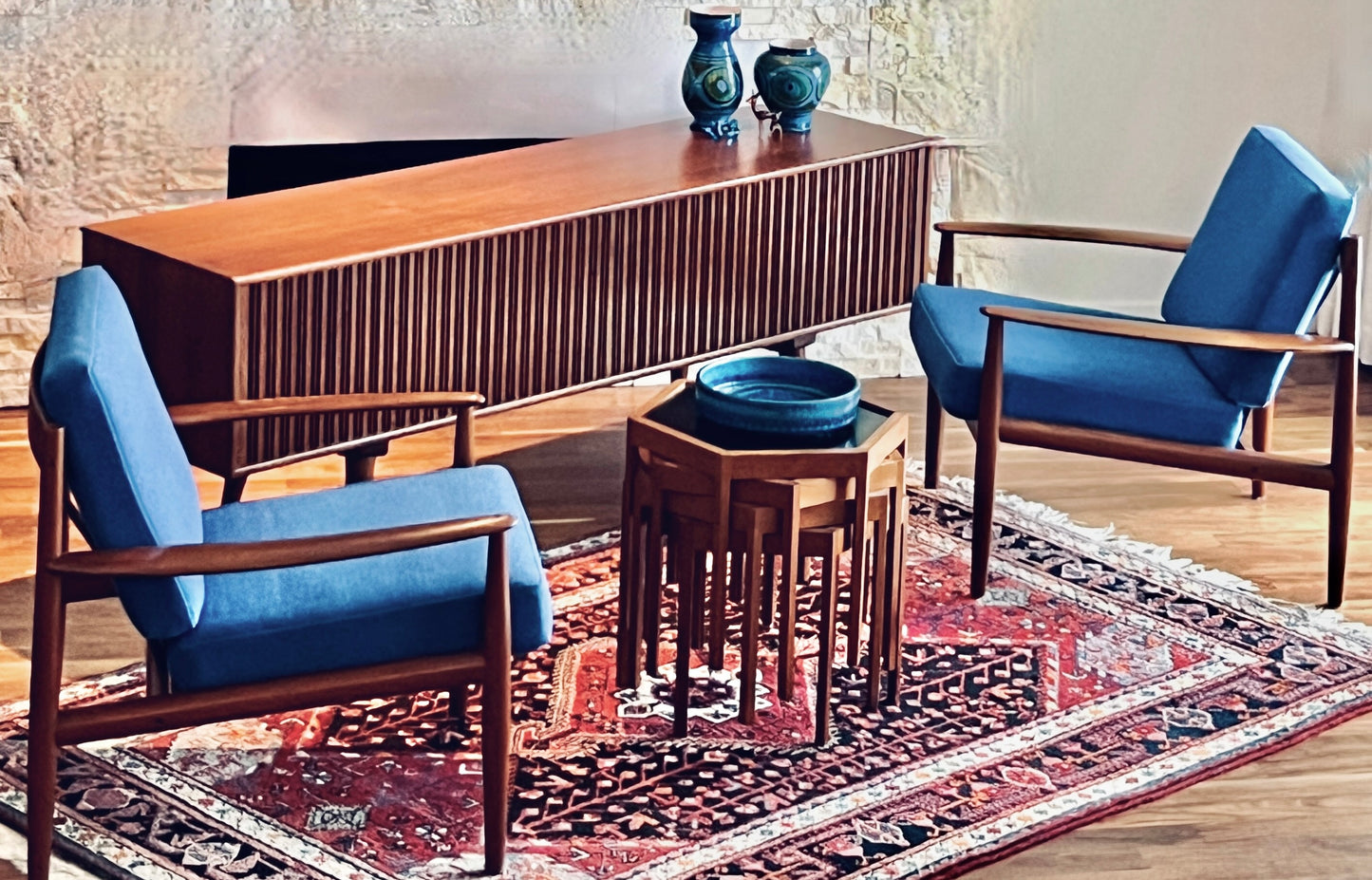 RARE PAIR SOLID TEAK GRETE JALK FOR FRANCE AND SON MODEL 119 PROFESSIONALLY REUPHOLSTERED IN MAHARAM