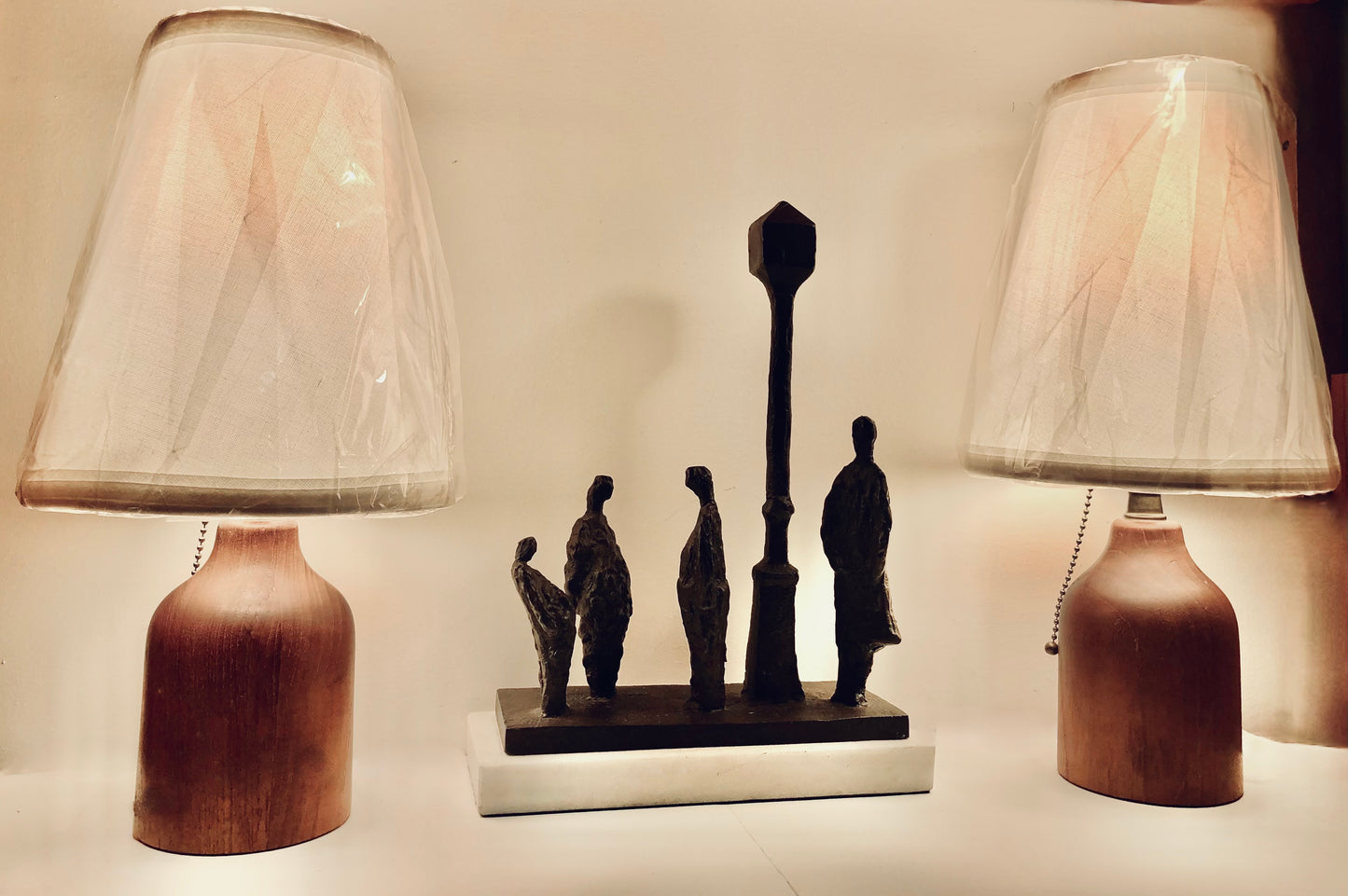 PAIR SMALL SOLID TEAK TABLE LAMPS w/ NEW LINEN SHADES