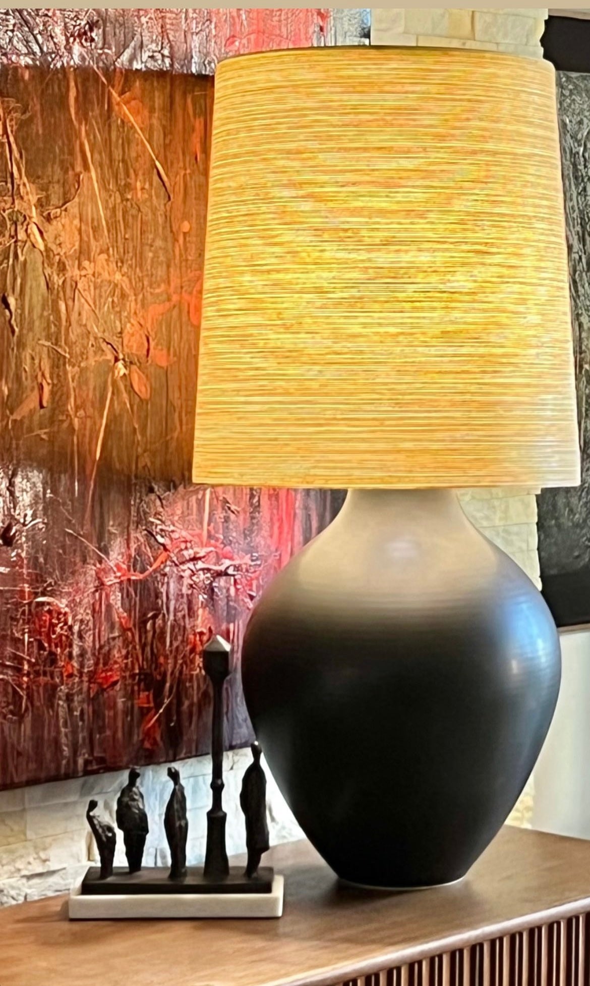 RARE MASSIVE LOTTE BOSTLUND CERAMIC LAMP- HEARTH/TABLE LIGHT- w/ ORIGINAL SPUN FIBREGLAS CONE SHADE
