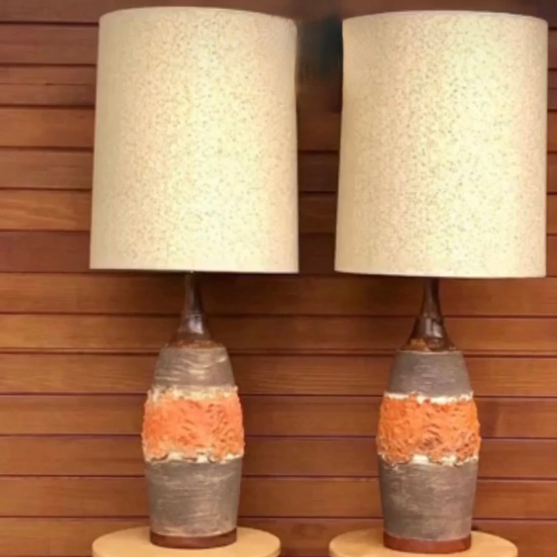 TABLE LAMP PAIR BROWN & ORANGE w/ORIGINAL SHADE