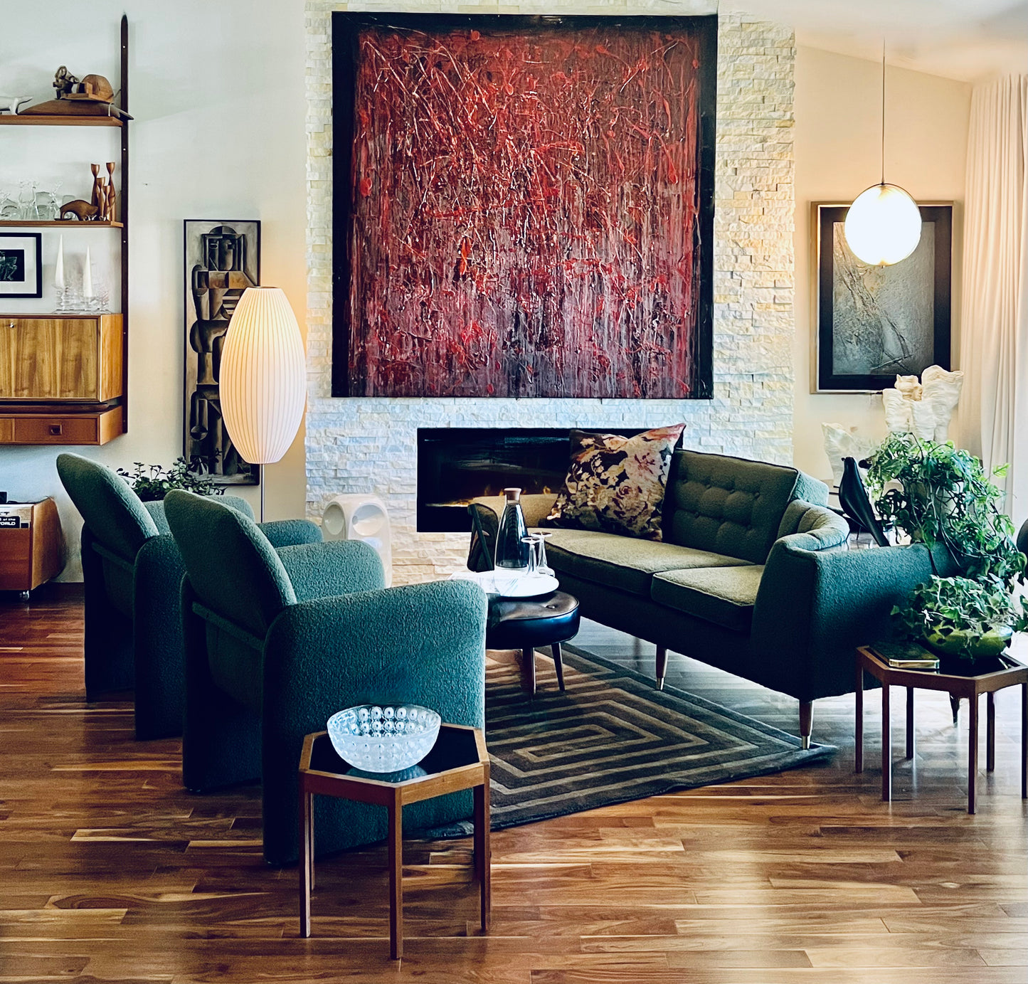 DEEP JADE OR FOREST GREEN COMMERCIAL GRADE BOUCLE PROFESSIONALLY REUPHOLSTERED ACCENT or CAPTAIN 1980s-90s MEMPHIS ERA CHICLET CHAIRS