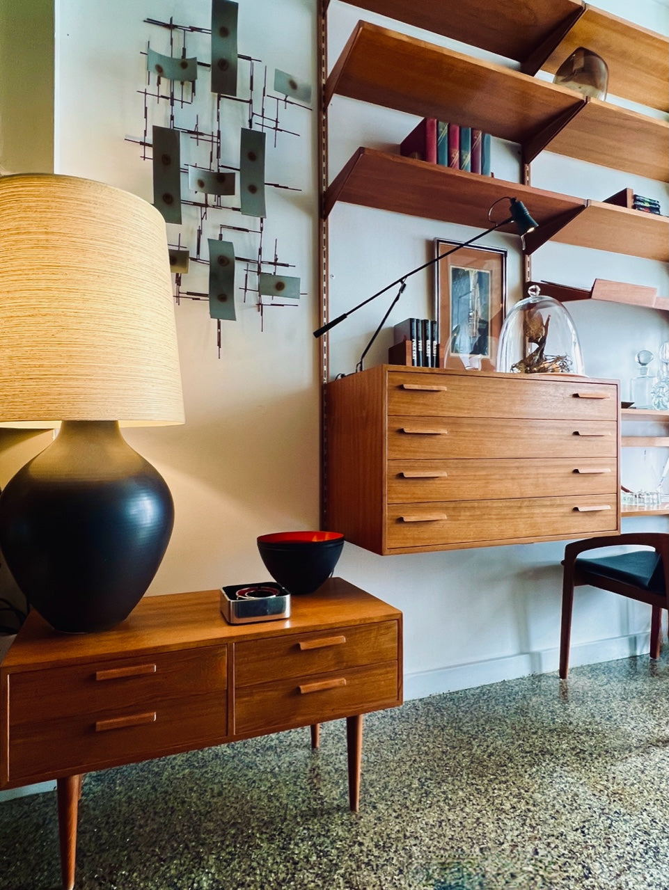 RARE MASSIVE LOTTE BOSTLUND CERAMIC LAMP- HEARTH/TABLE LIGHT- w/ ORIGINAL SPUN FIBREGLAS CONE SHADE
