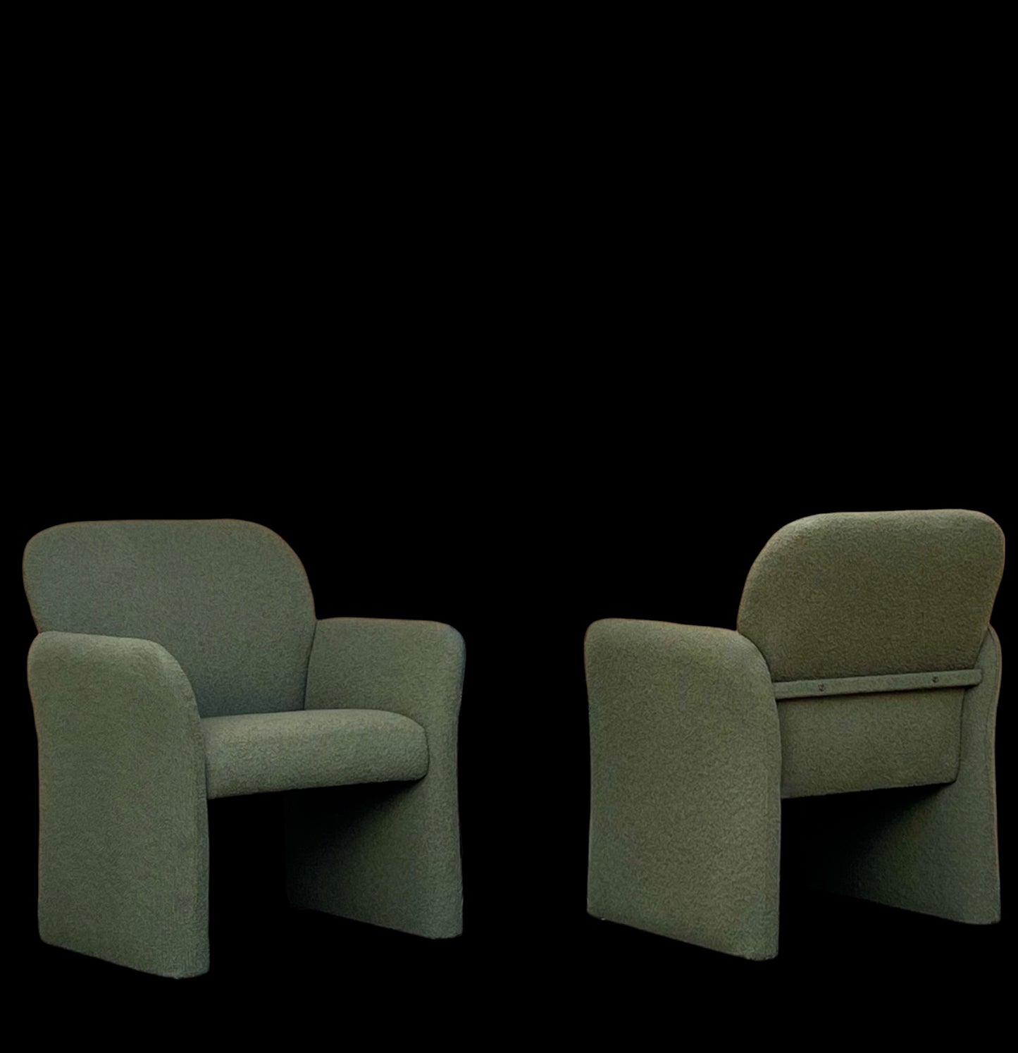 DEEP JADE OR FOREST GREEN COMMERCIAL GRADE BOUCLE PROFESSIONALLY REUPHOLSTERED ACCENT or CAPTAIN 1980s-90s MEMPHIS ERA CHICLET CHAIRS