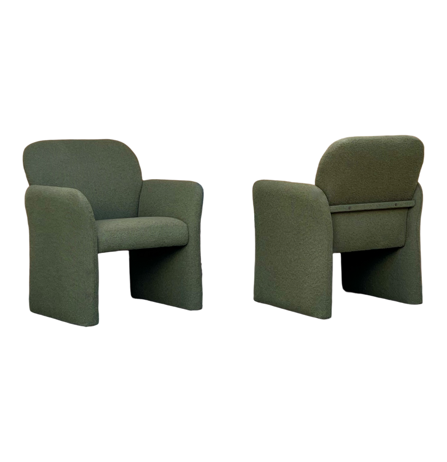 DEEP JADE OR FOREST GREEN COMMERCIAL GRADE BOUCLE PROFESSIONALLY REUPHOLSTERED ACCENT or CAPTAIN 1980s-90s MEMPHIS ERA CHICLET CHAIRS