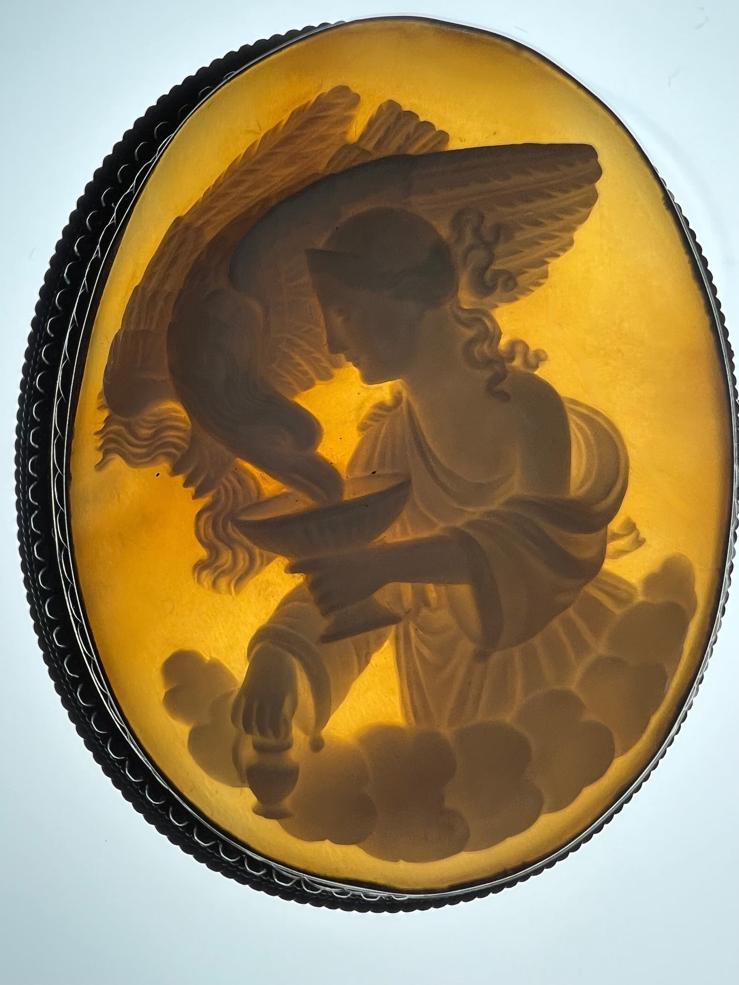 HEBE FEEDS ZEUS's EAGLE SIGNED ITALIAN LARGE SHELL CARVED CAMEO