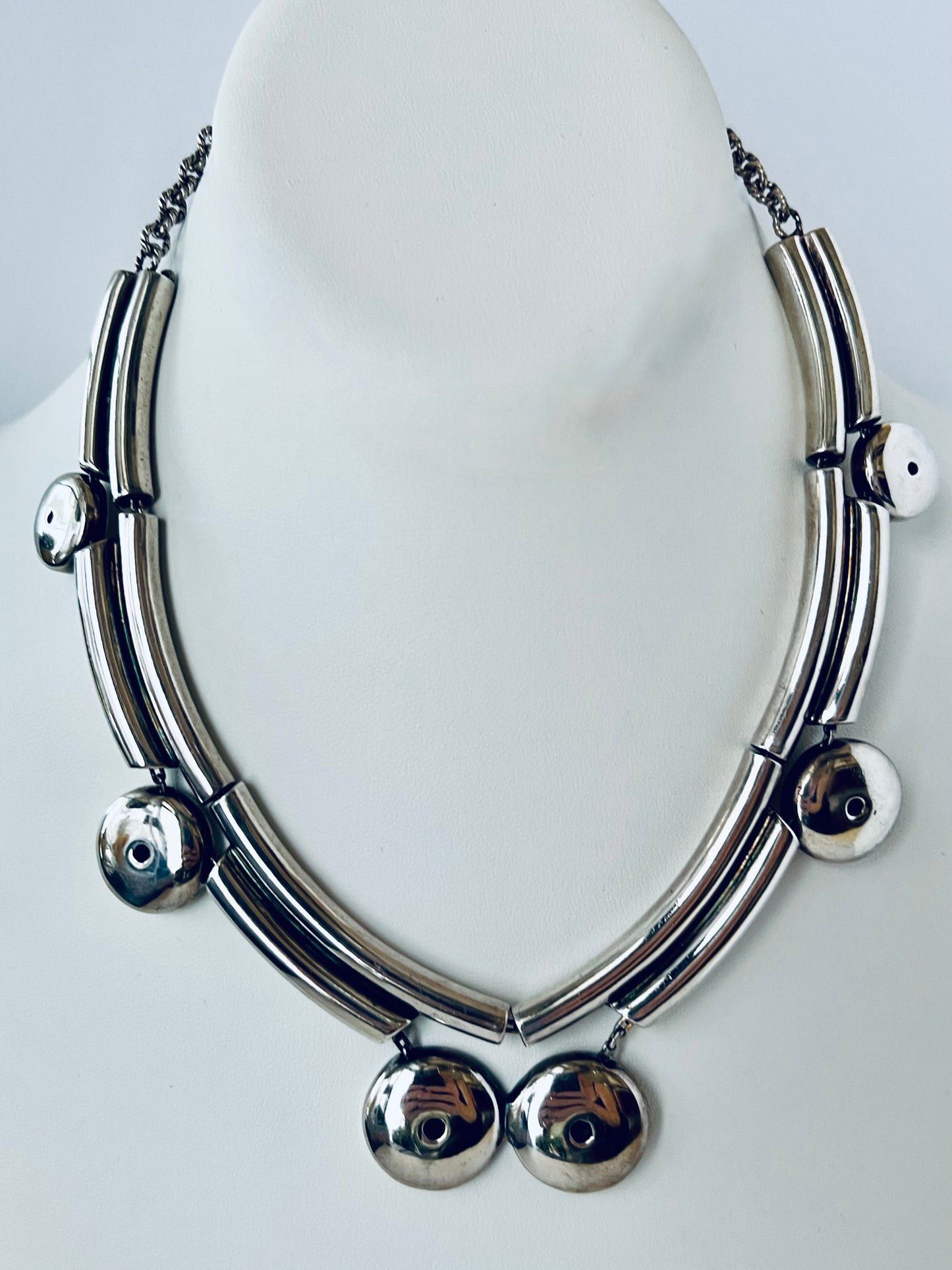 EARLY MODERNIST TANE STERLING SILVER DISC/TUBE CHAIN UNIQUE STATEMENT NECKLACE