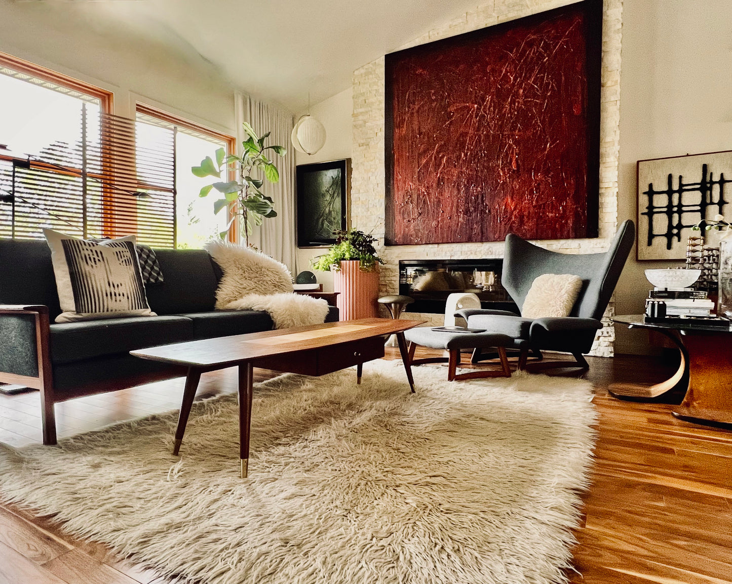 GORGEOUS EXOTIC WOOD SURFBOARD COFFEE TABLE w/ SPLAYED BRASS CAP TAPERED PEG LEGS/ CENTRAL CONTRAST EXOTIC WOOD INLAY & STORAGE DRAWER