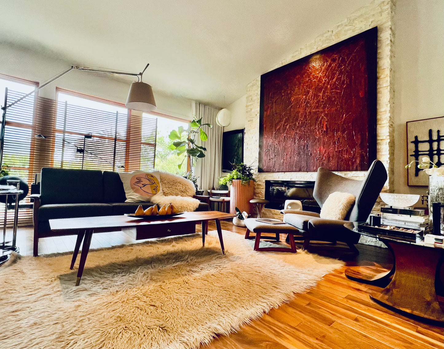 GORGEOUS EXOTIC WOOD SURFBOARD COFFEE TABLE w/ SPLAYED BRASS CAP TAPERED PEG LEGS/ CENTRAL CONTRAST EXOTIC WOOD INLAY & STORAGE DRAWER