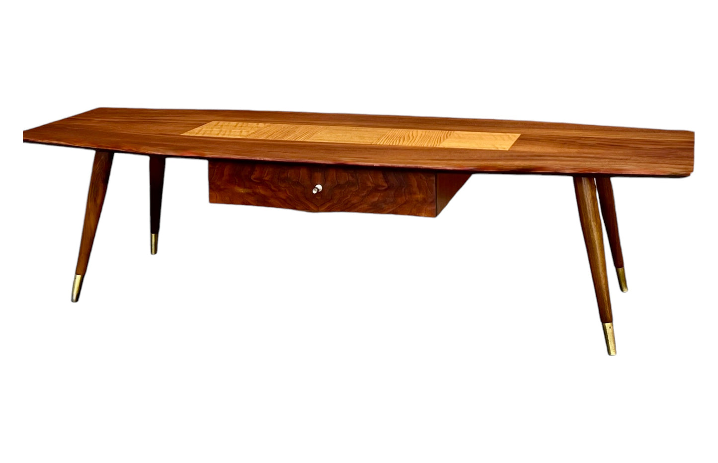 GORGEOUS EXOTIC WOOD SURFBOARD COFFEE TABLE w/ SPLAYED BRASS CAP TAPERED PEG LEGS/ CENTRAL CONTRAST EXOTIC WOOD INLAY & STORAGE DRAWER