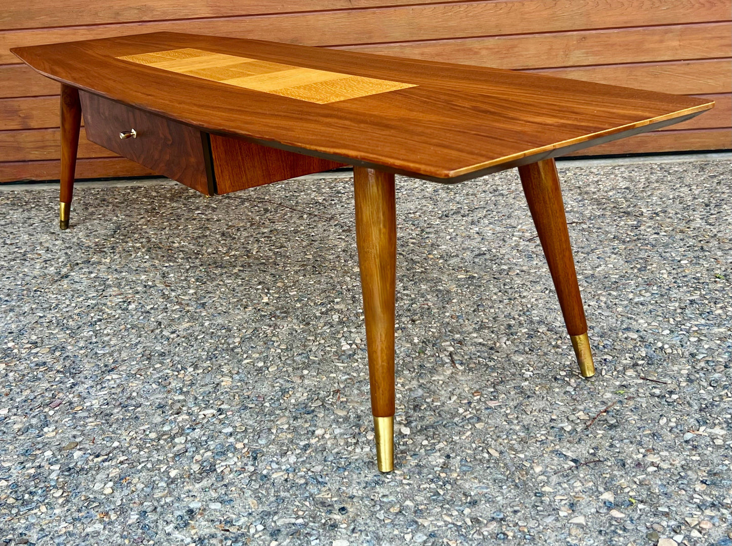 GORGEOUS EXOTIC WOOD SURFBOARD COFFEE TABLE w/ SPLAYED BRASS CAP TAPERED PEG LEGS/ CENTRAL CONTRAST EXOTIC WOOD INLAY & STORAGE DRAWER