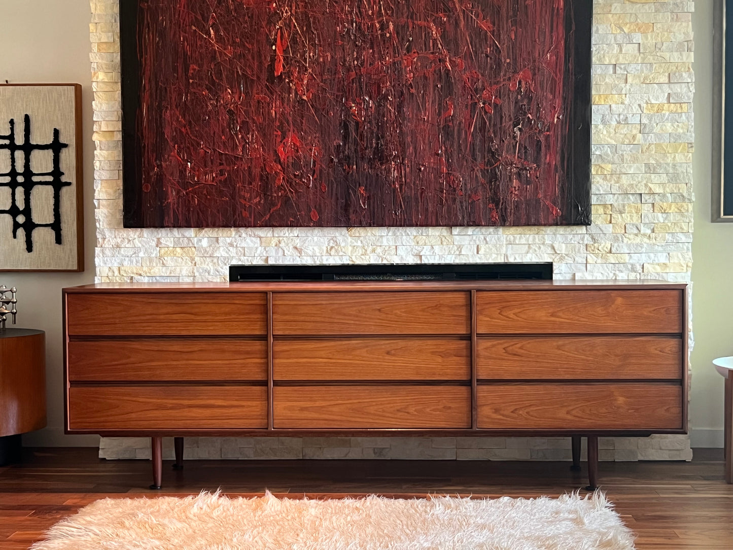 GORGEOUS 9 DRAWER 2 TONE TEAK & AFROMOSIA DRESSER w/ PEGGED LEGS and REFINISHED CASE