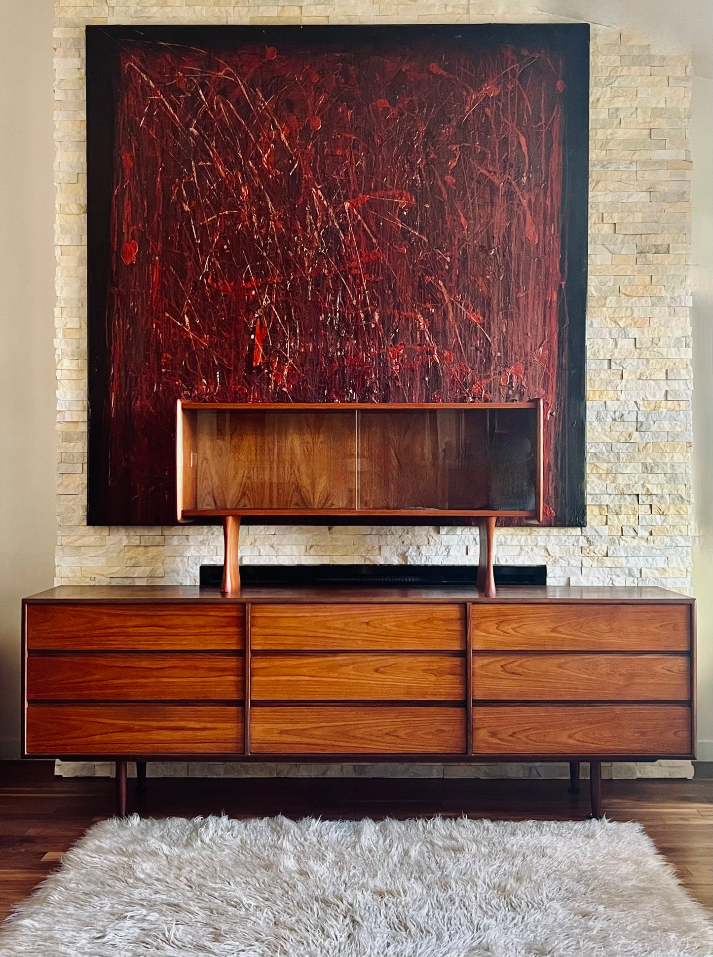 GORGEOUS 9 DRAWER 2 TONE TEAK & AFROMOSIA DRESSER w/ PEGGED LEGS and REFINISHED CASE