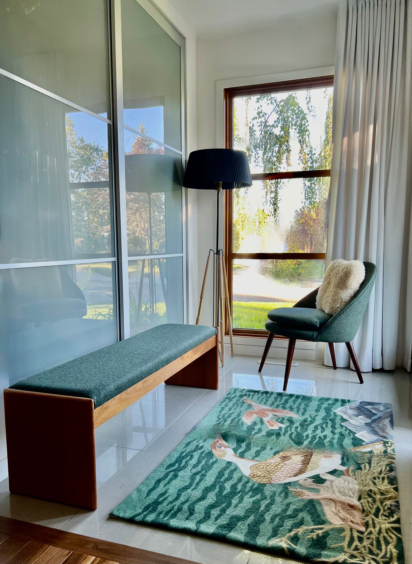 MADE in DENMARK by VAMDRUP STOLEFABRIK LONG TEAK BENCH w/ FRESH MAHARAM KVADRAT COMMERICAL GRADE MOSSY GREEN WOOL FLANNEL UPHOLSTERY/VANDRUPSTOLEFABRIK