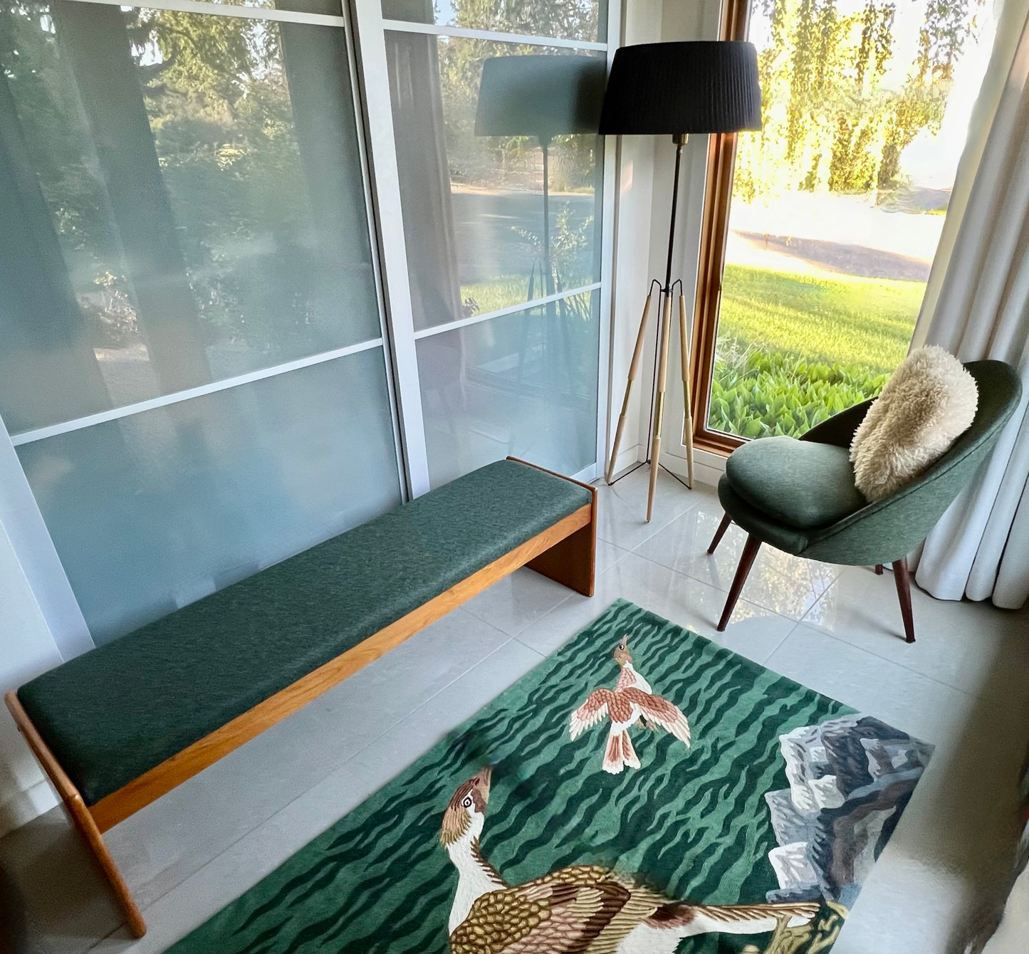 MADE in DENMARK by VAMDRUP STOLEFABRIK LONG TEAK BENCH w/ FRESH MAHARAM KVADRAT COMMERICAL GRADE MOSSY GREEN WOOL FLANNEL UPHOLSTERY/VANDRUPSTOLEFABRIK