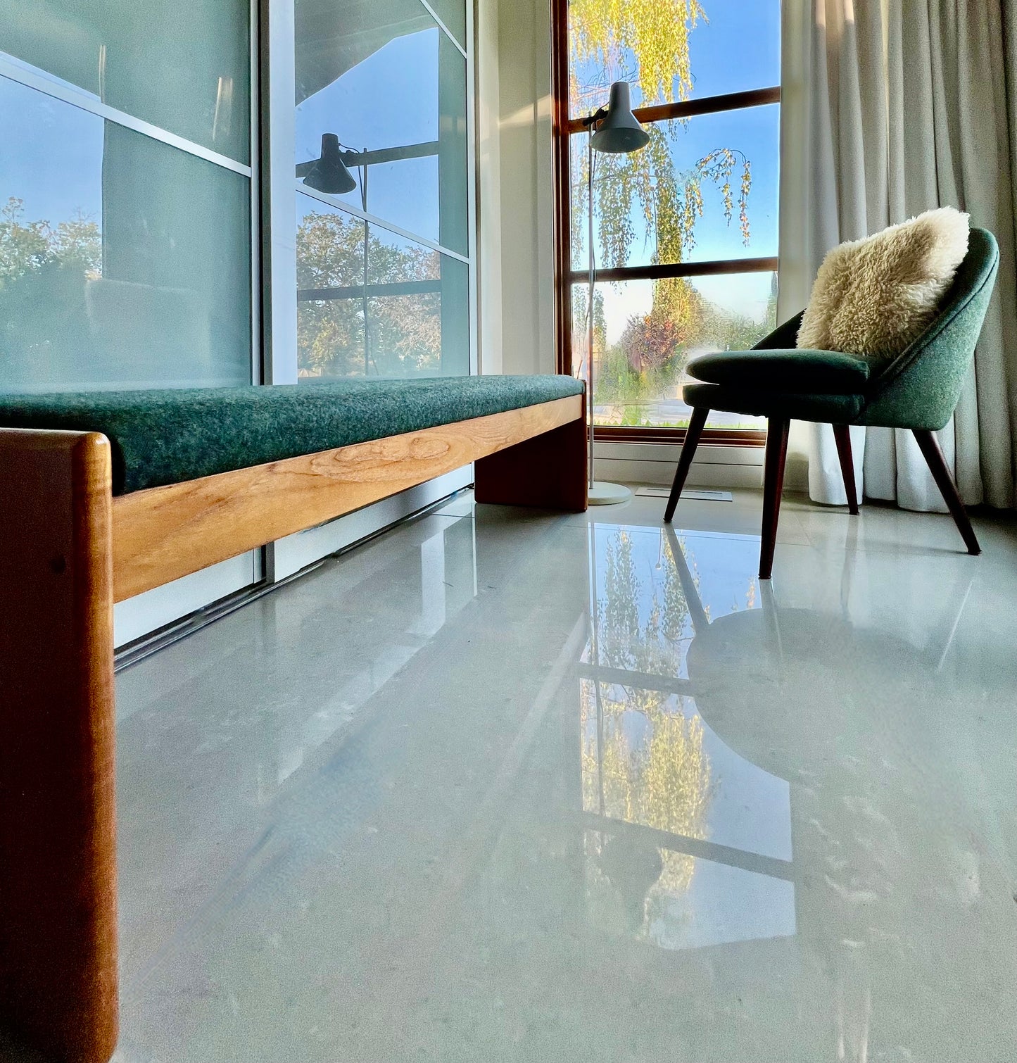 MADE in DENMARK by VAMDRUP STOLEFABRIK LONG TEAK BENCH w/ FRESH MAHARAM KVADRAT COMMERICAL GRADE MOSSY GREEN WOOL FLANNEL UPHOLSTERY/VANDRUPSTOLEFABRIK