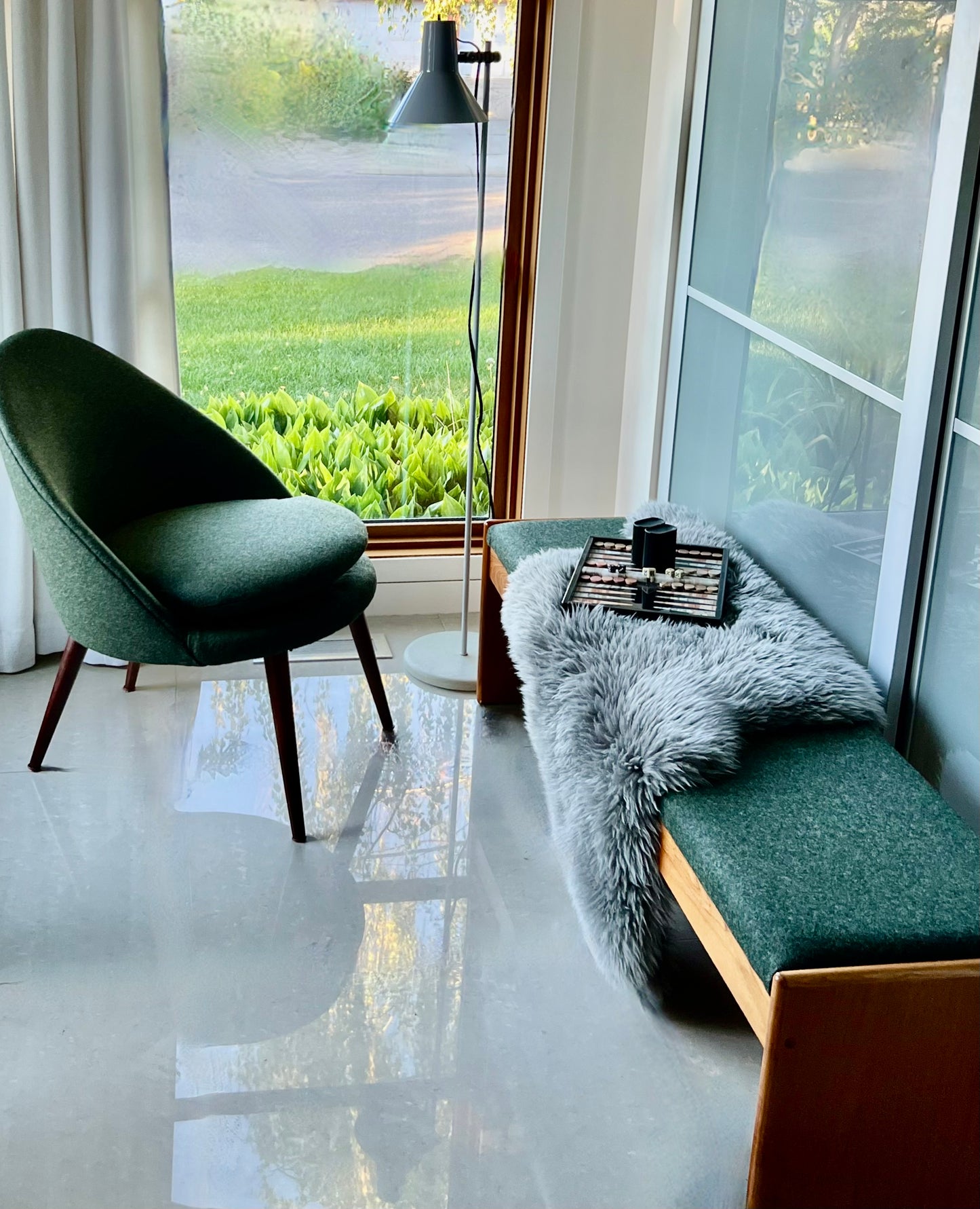 MADE in DENMARK by VAMDRUP STOLEFABRIK LONG TEAK BENCH w/ FRESH MAHARAM KVADRAT COMMERICAL GRADE MOSSY GREEN WOOL FLANNEL UPHOLSTERY/VANDRUPSTOLEFABRIK