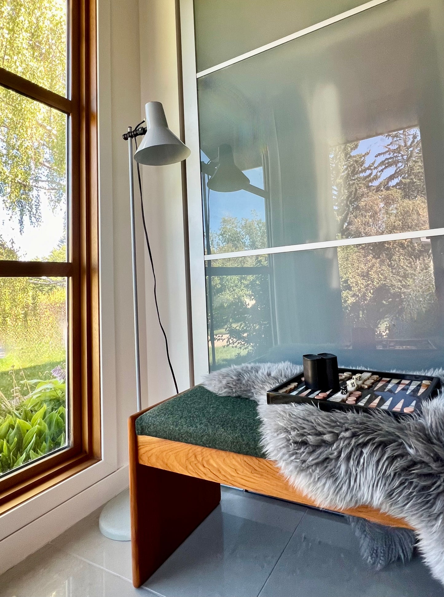 MADE in DENMARK by VAMDRUP STOLEFABRIK LONG TEAK BENCH w/ FRESH MAHARAM KVADRAT COMMERICAL GRADE MOSSY GREEN WOOL FLANNEL UPHOLSTERY/VANDRUPSTOLEFABRIK