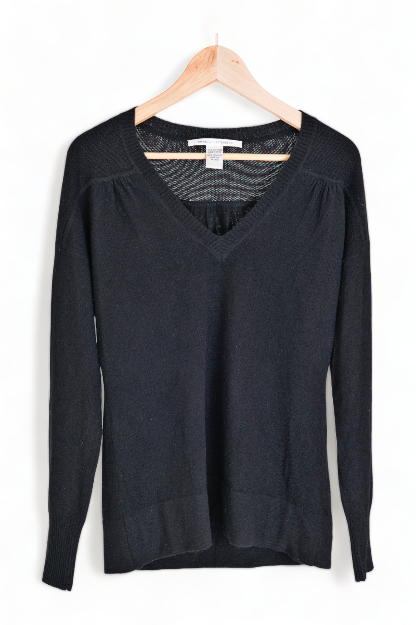 BLACK DIANE VON FURSTENBERG CASHMERE SEMI-SHEER V NECK SWEATER TOP