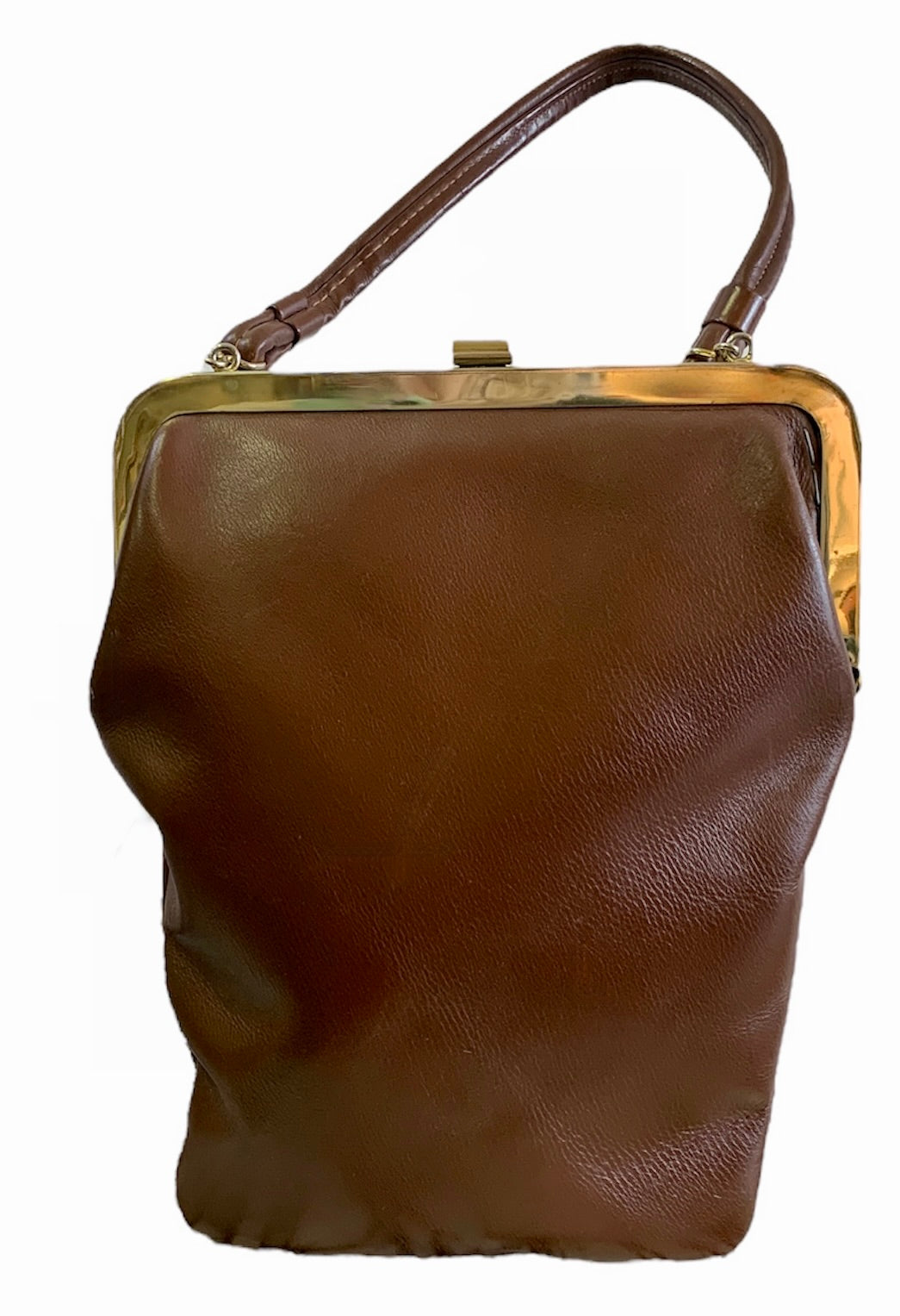 1940s/50s BROWN LEATHER TOP HANDLE HANDBAG w/ BRASS DETAILS
