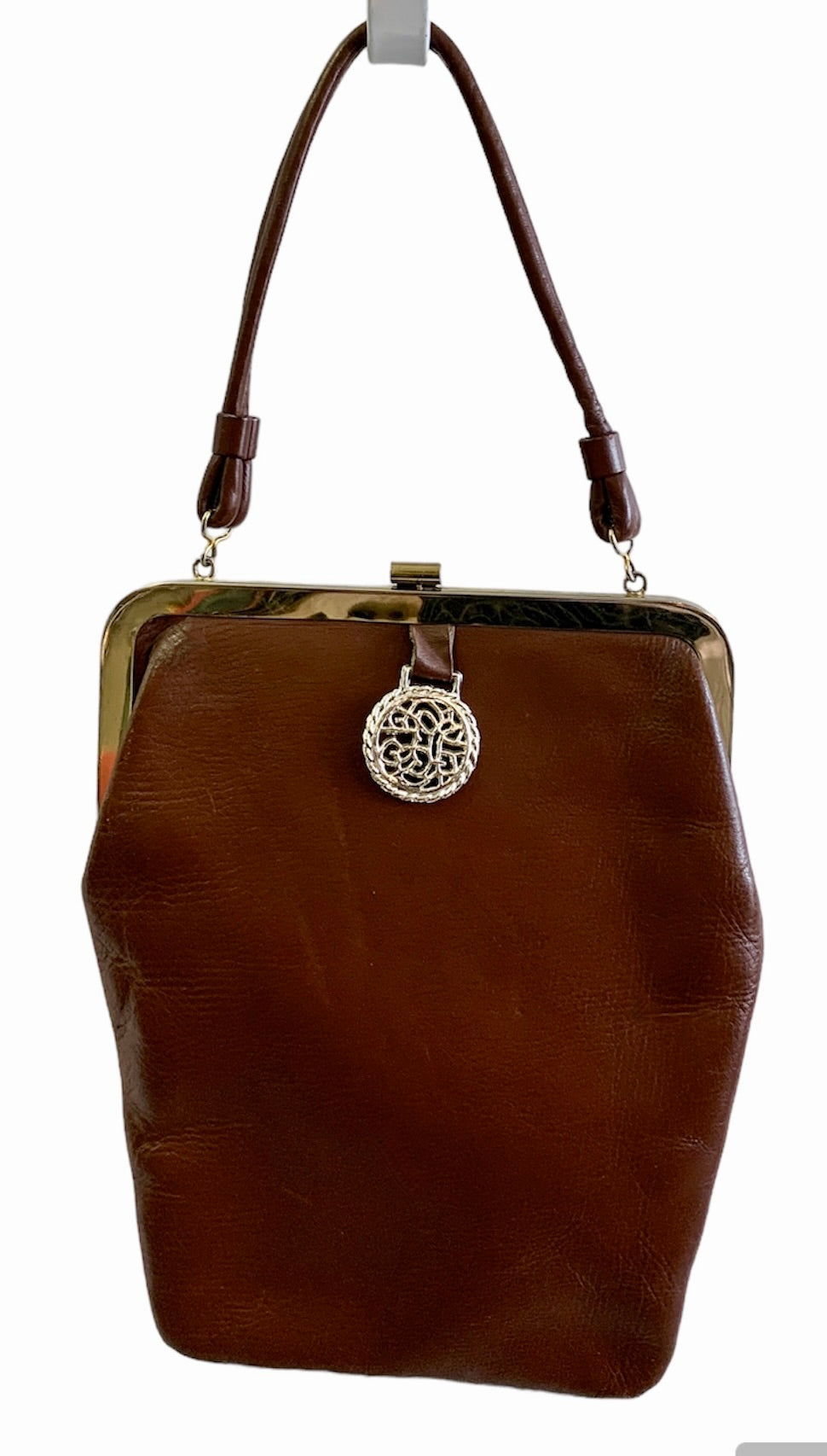 1940s/50s BROWN LEATHER TOP HANDLE HANDBAG w/ BRASS DETAILS