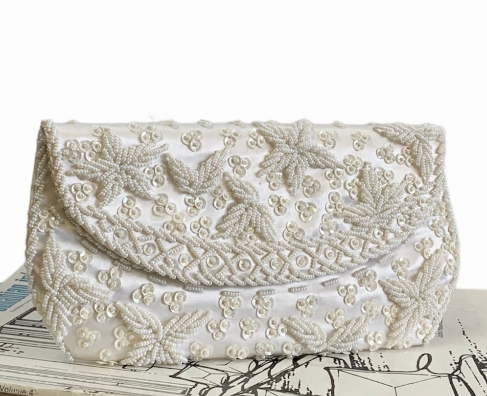 PEARL SATIN BEADED EMBROIDERY CLUTCH FORMAL/WEDDING/ EVENING PURSE