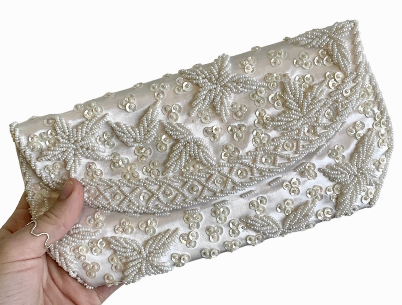 PEARL SATIN BEADED EMBROIDERY CLUTCH FORMAL/WEDDING/ EVENING PURSE
