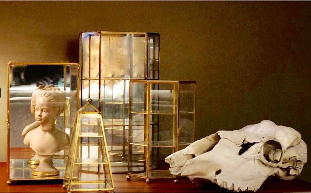 VINTAGE BRASS & GLASS CURIO CABINET w/ ANGLED FRONT- WALL MOUNT or TABLE TOP
