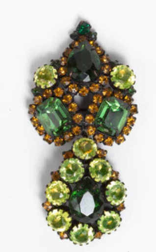 DEEP & RICH EMERALD GREENS and AMBER with AIRY YELLOW HOBE 2 PCE BROOCH PIN with DANGLE KINETIC MOVEMENT JAPANNED BACK SIGNED