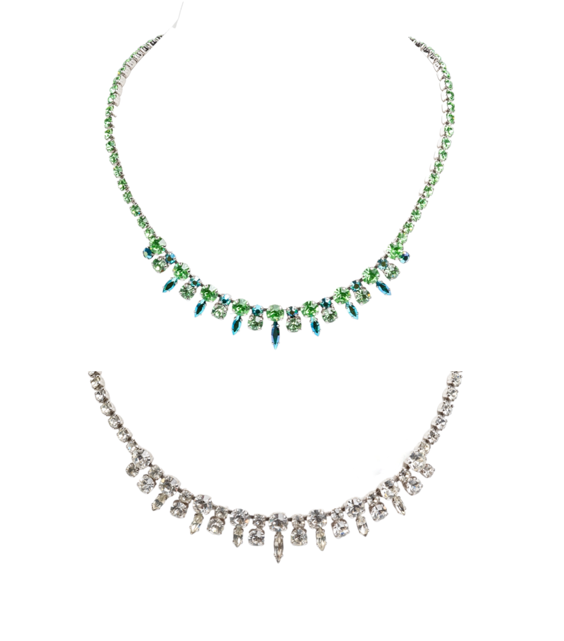 IDENTICAL SIGNED & UNSIGNED SHERMAN CLEAR & GREEN/BLUE SWAROVSKI CRYSTAL RHINESTONE NECKLACES