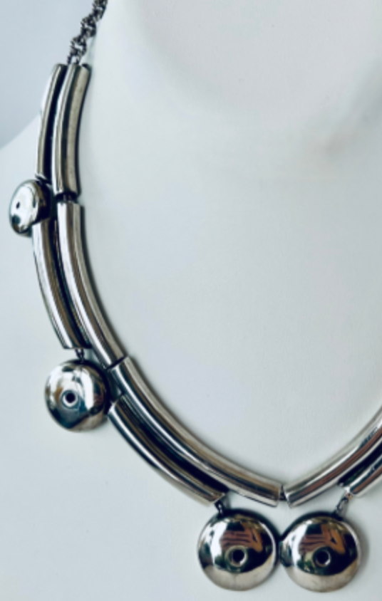 EARLY MODERNIST TANE STERLING SILVER DISC/TUBE CHAIN UNIQUE STATEMENT NECKLACE