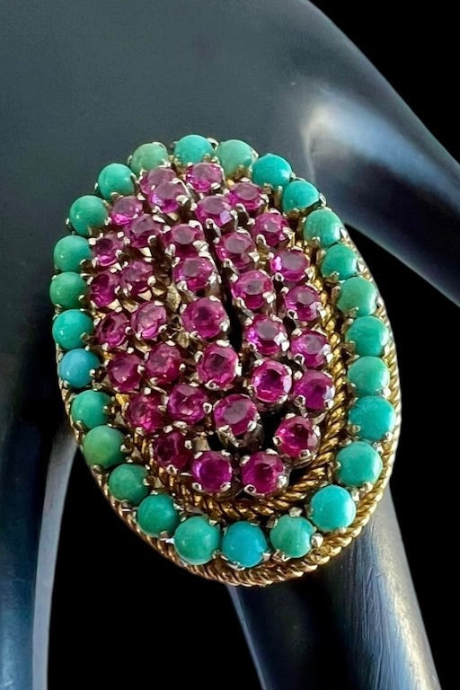 DREAMY NATURAL RUBY & PERSIAN TURQUOISE 18KT YELLOW GOLD ESTATE JEWELRY RING
