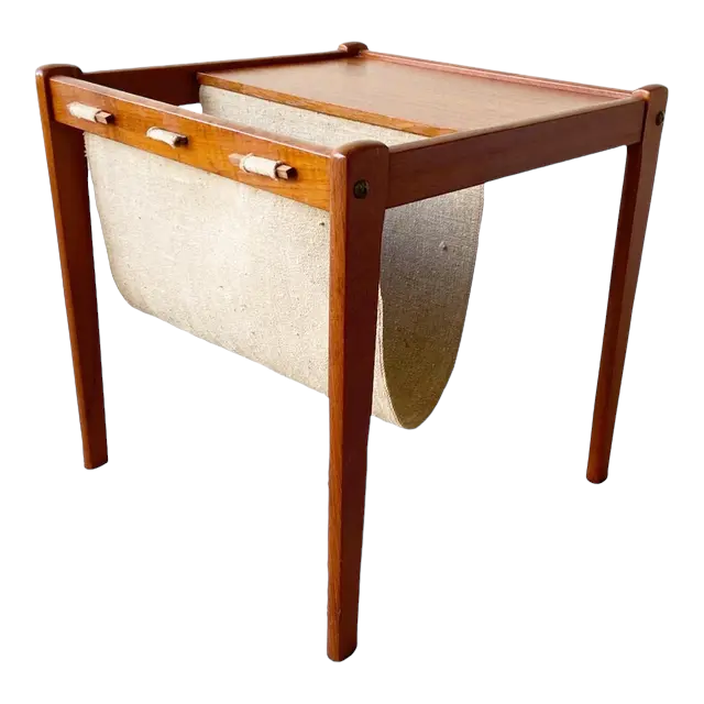 BRDR FURBO TEAK SIDE TABLE w/LINEN MAGAZINE | CRAFT OR RECORD SLING