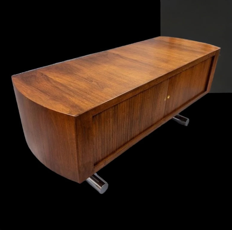 STUNNING CURVED SEAMLESS TAMBOUR DOOR UNIQUE WALNUT BUFFET /SERVER /OFFICE /MEDIA / CREDENZA ON CHROMED STEEL CANTILEVER LEGS