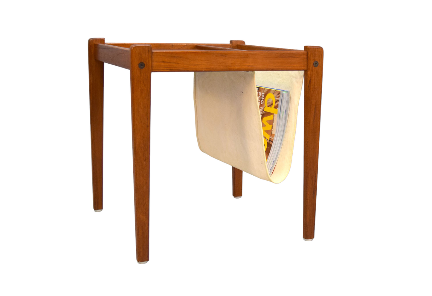 BRDR FURBO TEAK SIDE TABLE w/LINEN MAGAZINE | CRAFT OR RECORD SLING