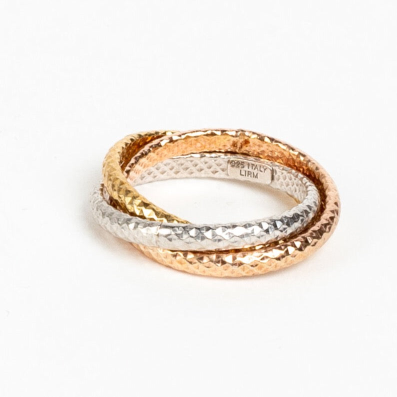 ITALIAN STERLING SILVER & VERMEIL OVER STERLING 3 TONE PUZZLE STYLE RING , SIZE 9-9.25 9-9.25